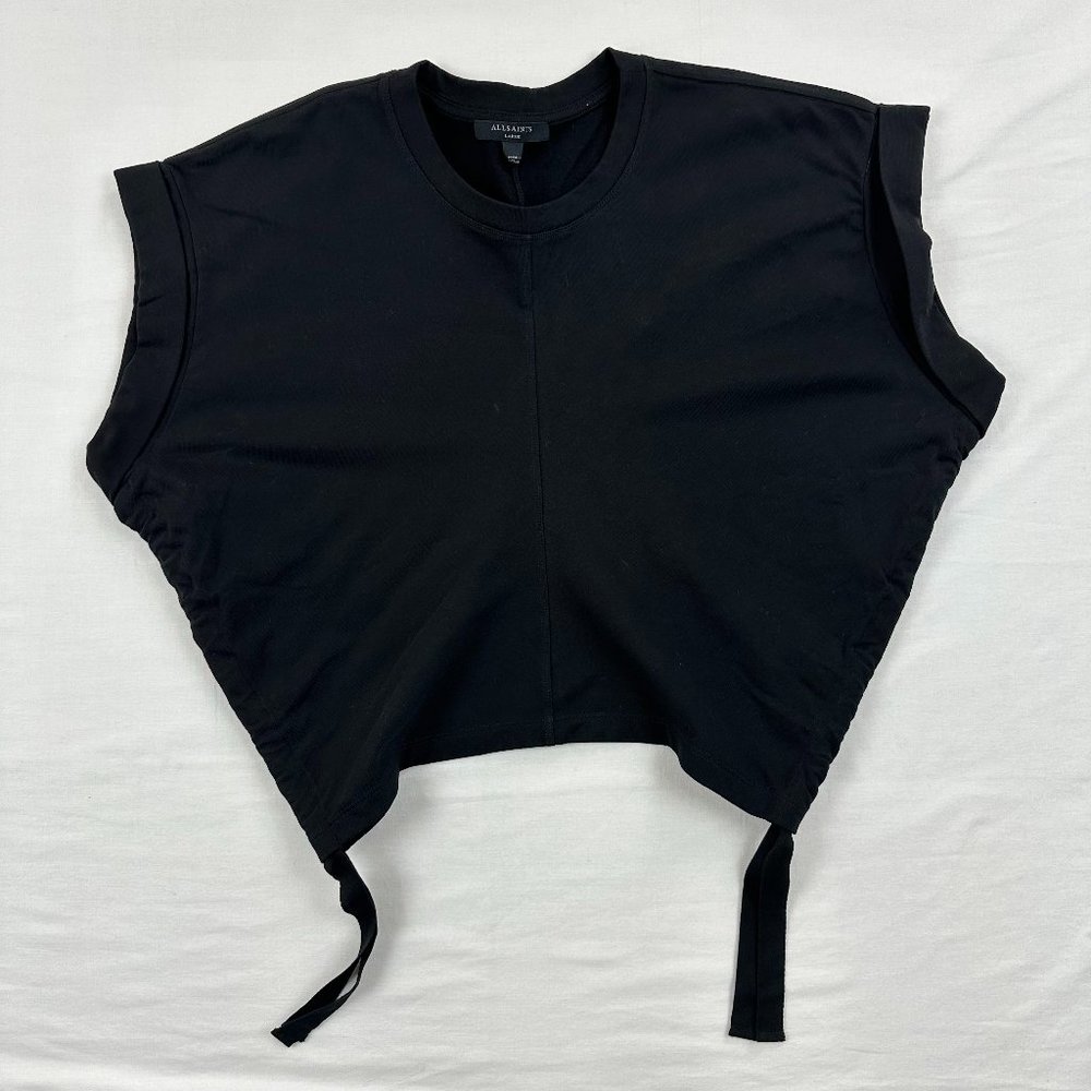 AllSaints Mira Side Ruched Crop‎ Top drawstring all black L sleeveless drawcord